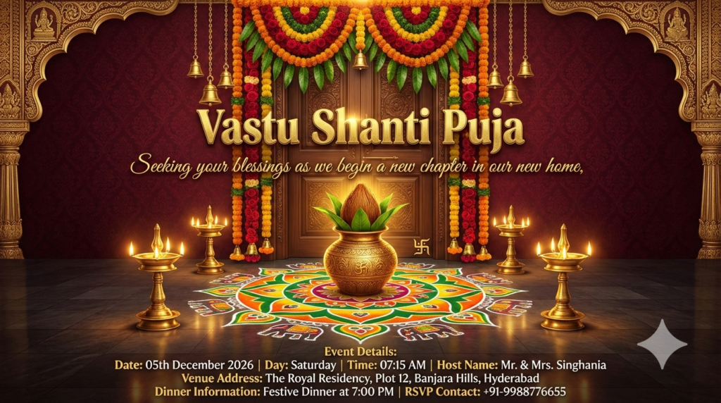 Royal Red Gold Vastu Puja Invitation AI Prompt Design