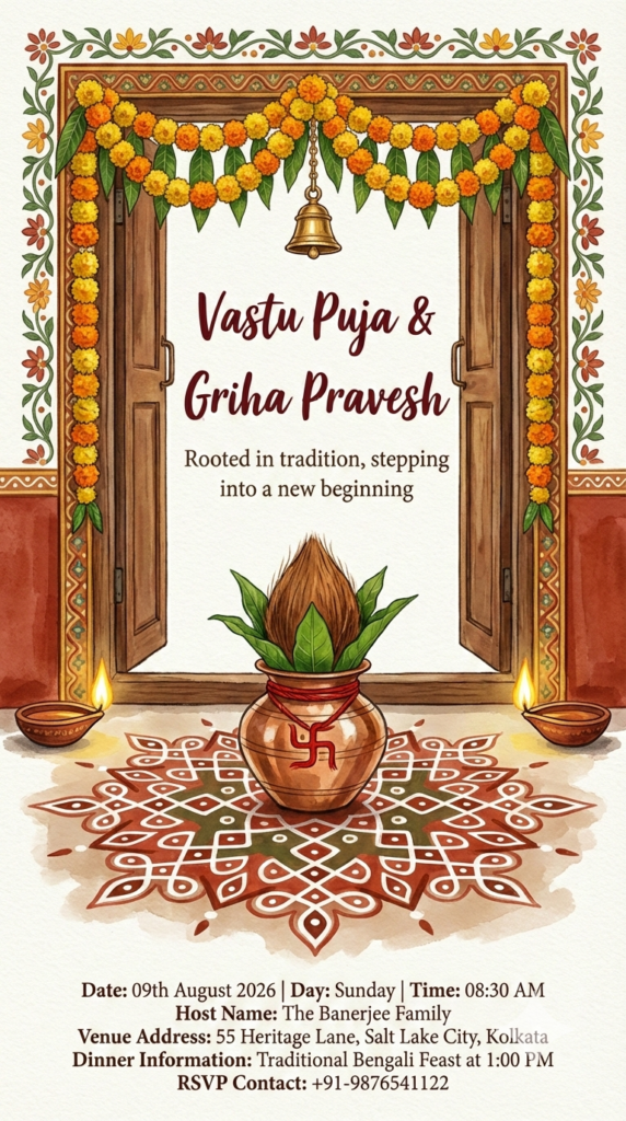 Traditional Cultural Illustration Style Vastu Puja Invitation