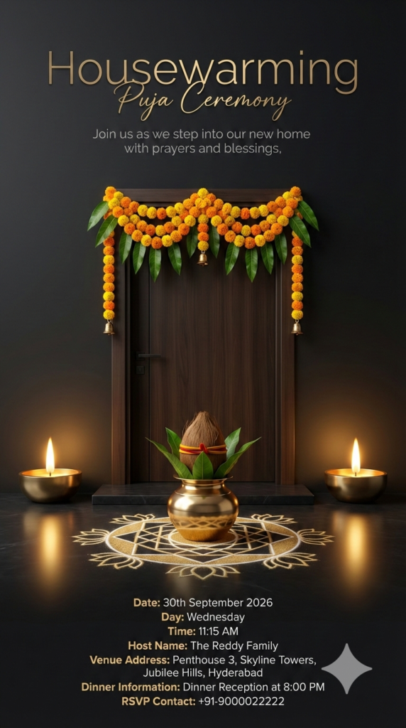 Contemporary Luxury Griha Pravesh Invitation Dark Mode Design