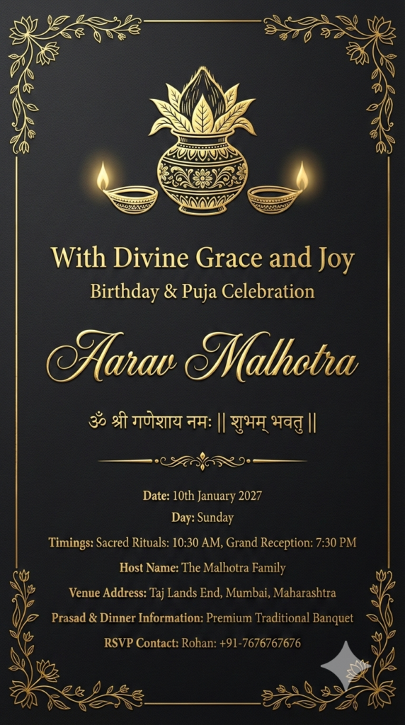 Gold Foil Luxury Birthday Puja Invite Premium Digital Card Highly SEO WORD