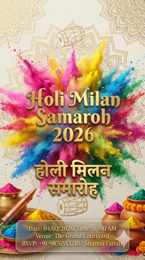 Royal Gulal Burst Mandala Invitation traditional Holi invitation card AI prompt