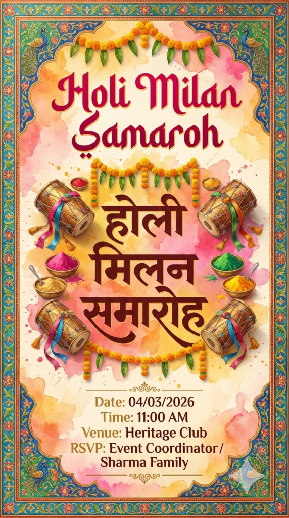 Cultural Heritage Holi Festival Invite 2026 classic Hindi text Holi invitation template