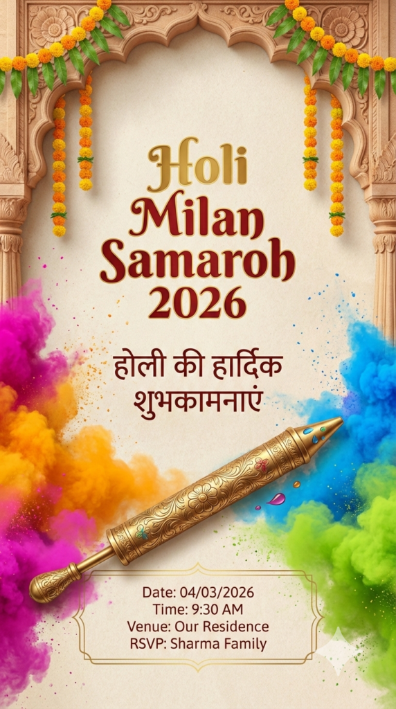 Classic Indian Courtyard Celebration Card 3D depth Holi party invitation