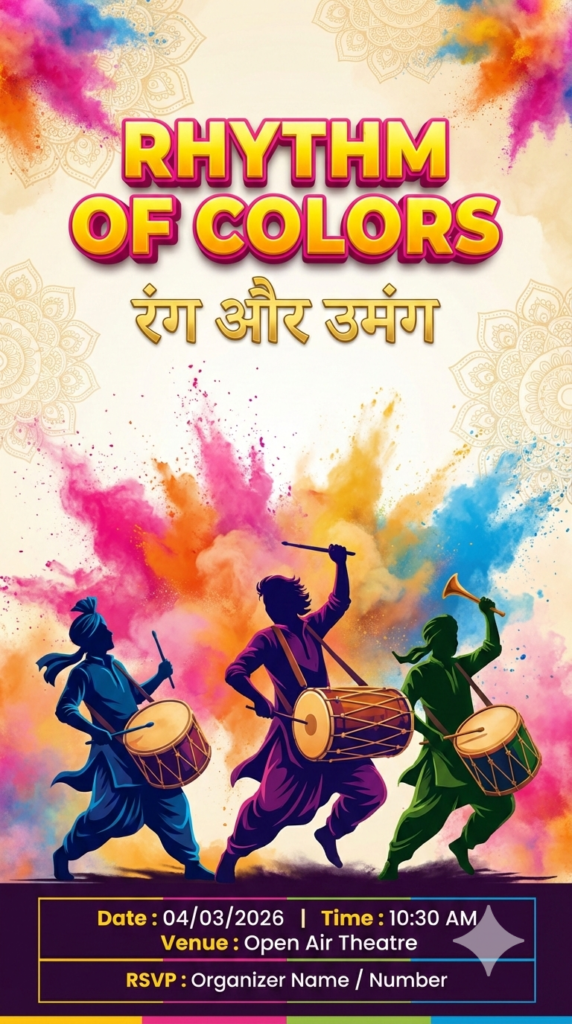 Dhol and Dance Holi Invitation Card rhythmic dynamic Hindi Holi Milan poster