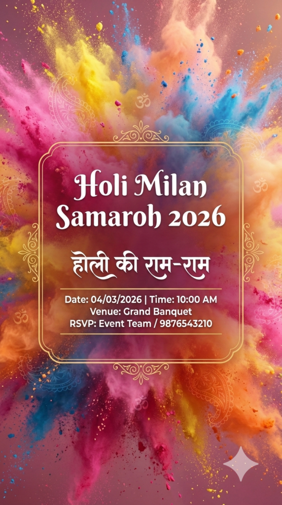 Vibrant Festival Splash Design clean typography Holi Milan Samaroh card