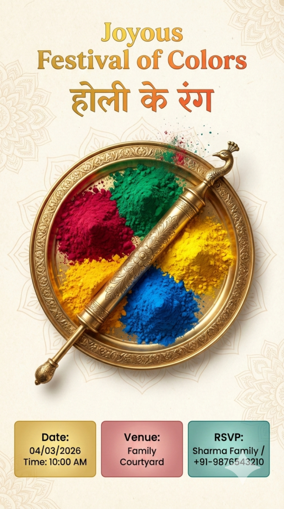 Traditional Thali and Pichkari Theme vintage brass Holi Milan invitation