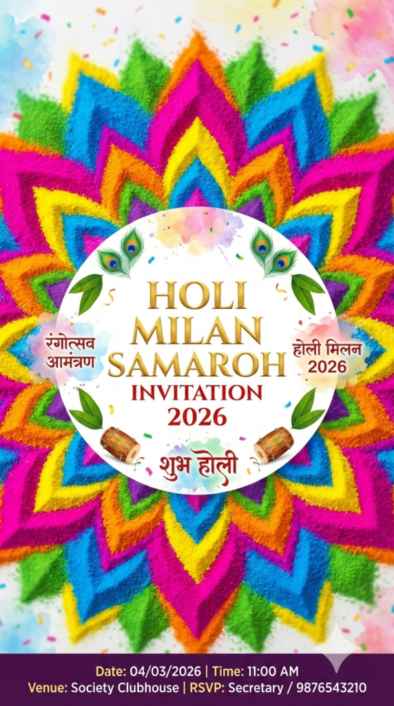Rangoli Inspired Holi Milan Invitation symmetrical floral pattern template