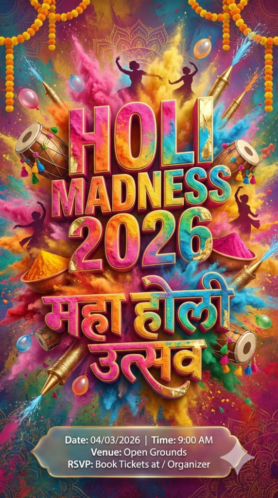 Grand Holi Festival Celebration Poster Style 3D typography event branding