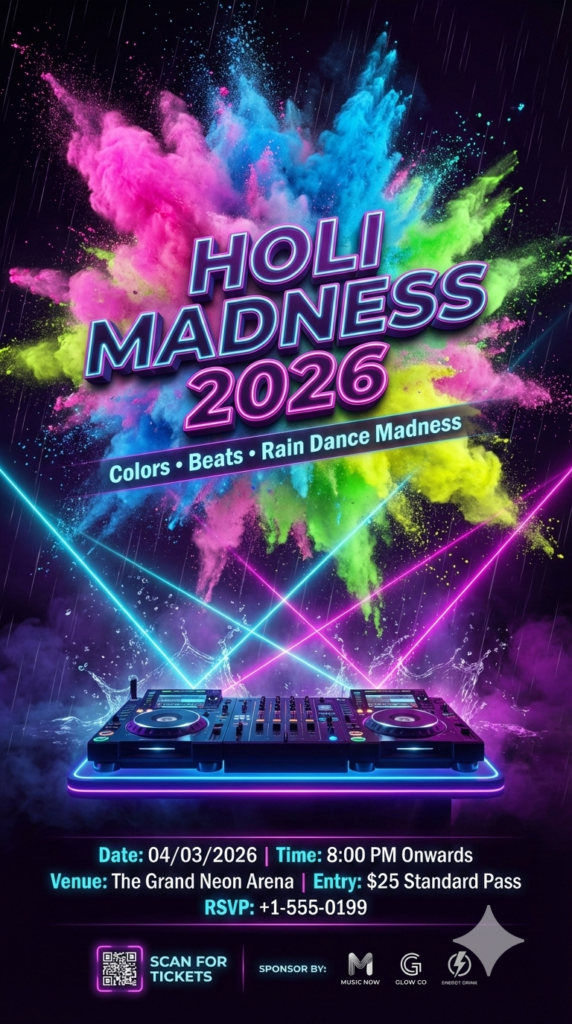 Neon Explosion DJ Holi Bash Invitation DJ Holi Party Invite Poster