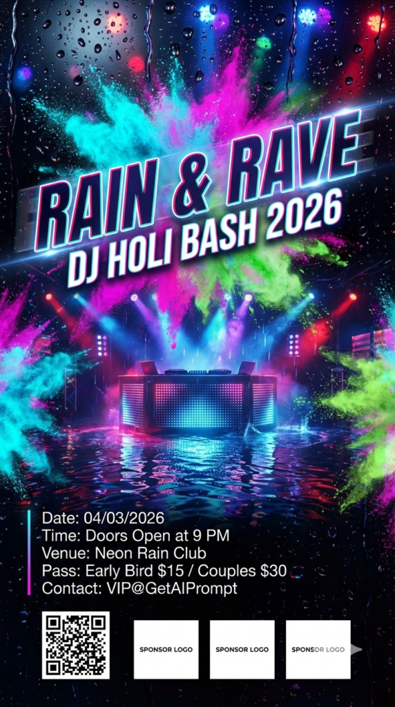 Rain Dance Neon Night Poster Style Holi rain dance party template