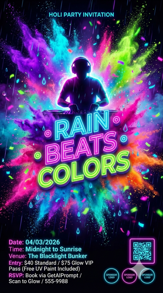 Glow-in-the-Dark Holi Party Poster neon UV blacklight rain dance