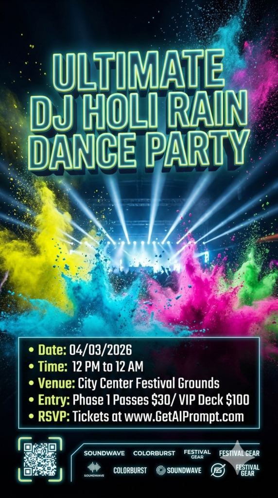 High-Energy Rain Dance Festival Invite dynamic motion blur holi poster