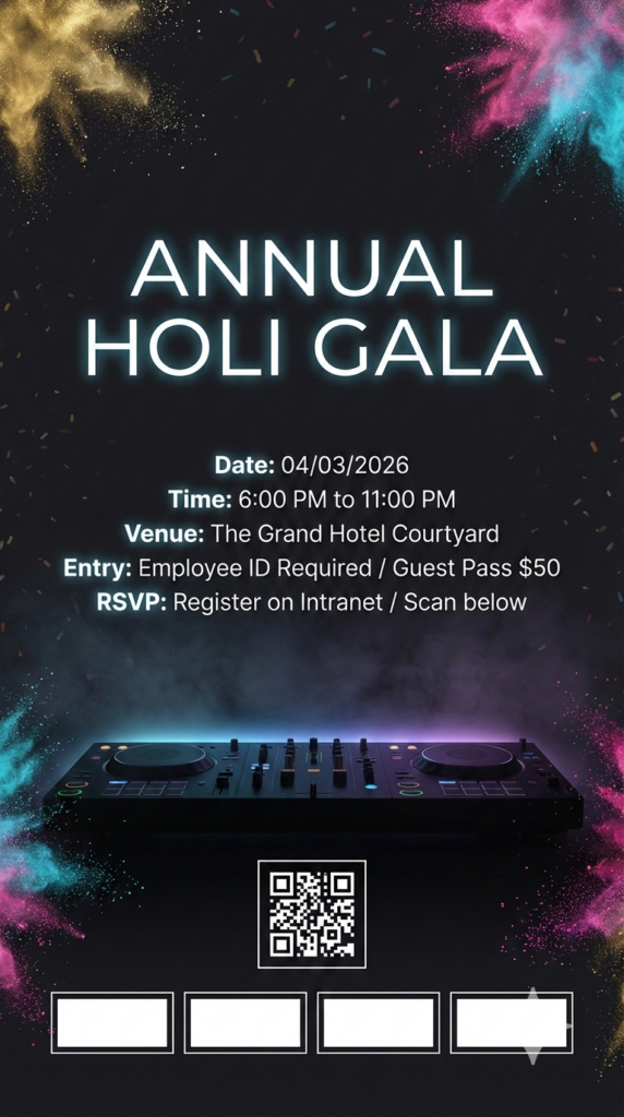 Corporate Holi Music Night Invite clean professional holi party template