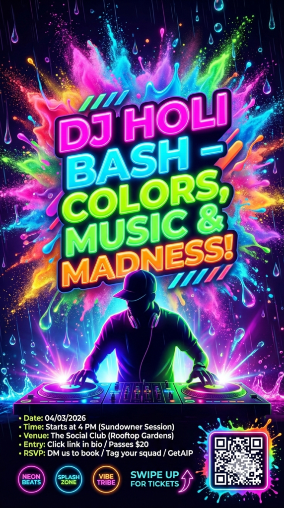 Instagram Story Style DJ Holi Invite vertical mobile event flyer
