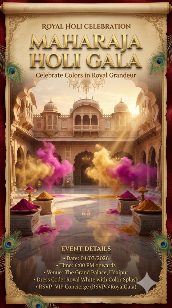 The Maharaja Courtyard Grand Affair luxury holi invite royal holi party invitation
