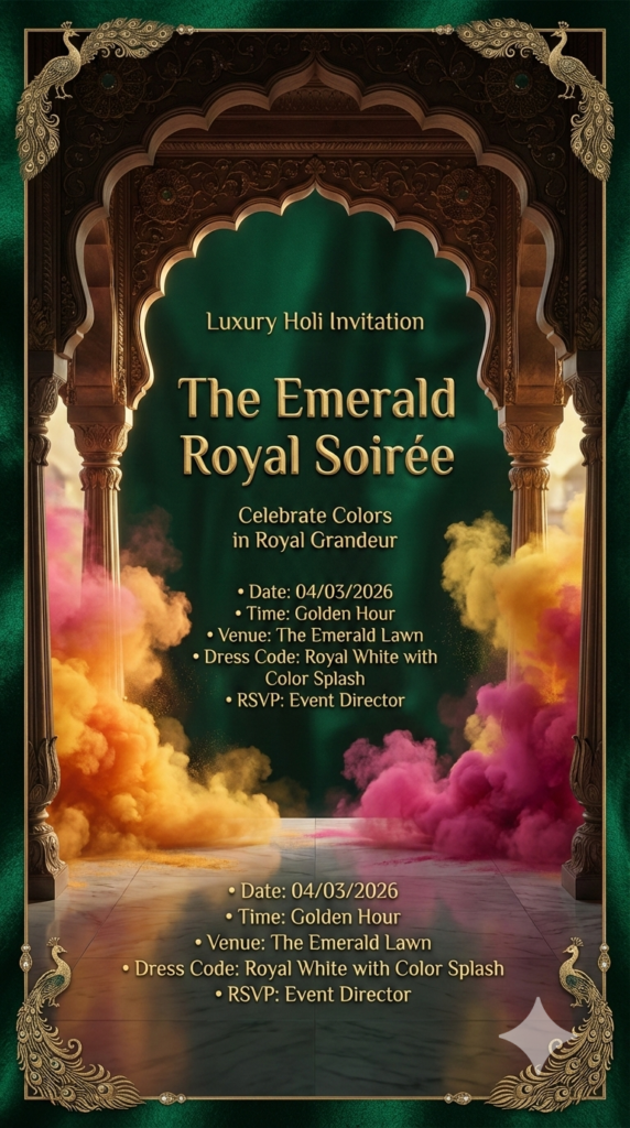The Emerald Royal Soirée holi ai photo editing luxury royal event card