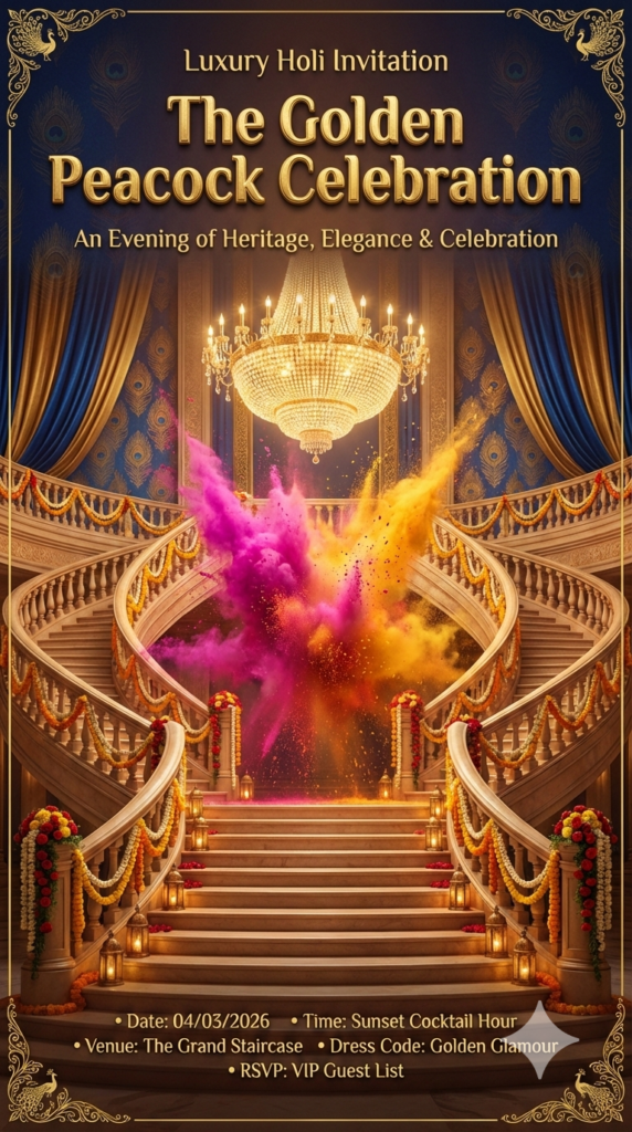 The Golden Peacock Celebration royal holi party invitation gemini holi prompts
