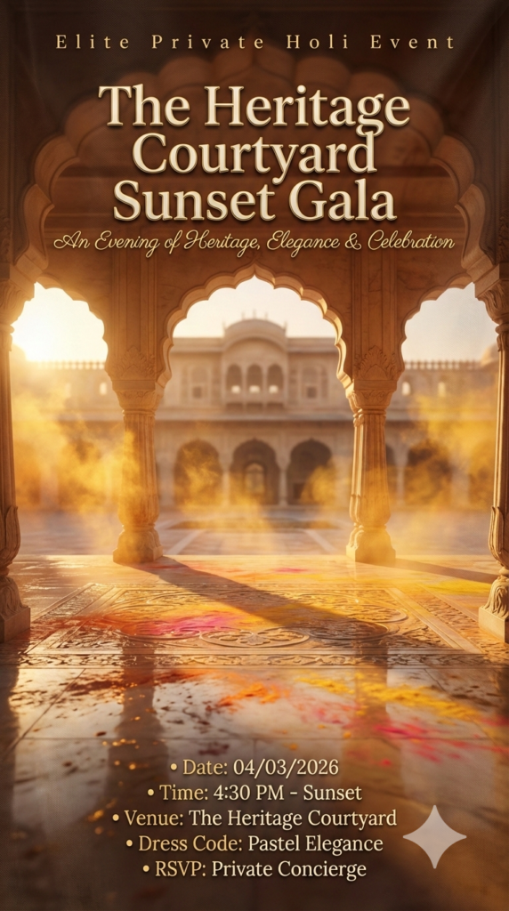 The Heritage Courtyard Sunset Gala premium royal holi invite prompt