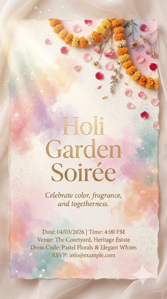 Golden Marigold Courtyard Bloom Invitation luxury Holi party invite