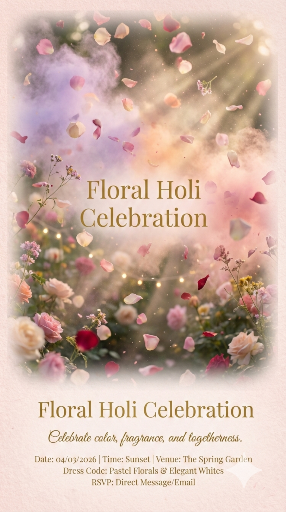 Dreamy Petal Rain Invitation floral Holi invitation AI prompt
