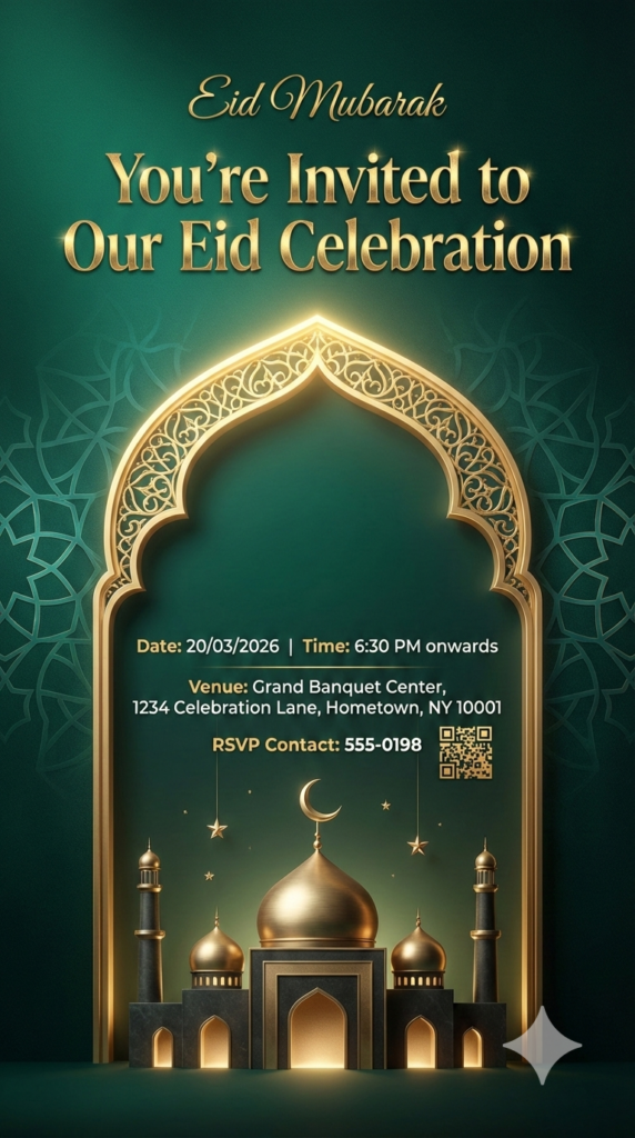 Elegant Emerald Gold Eid Celebration Invitation Editable Canva Template