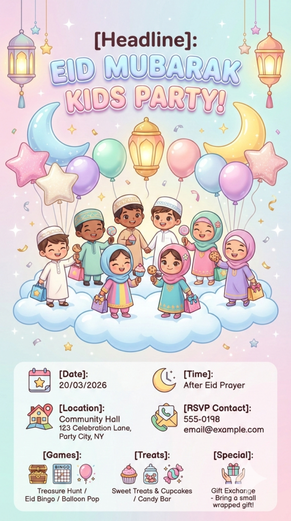 Pastel Balloon Eid Celebration Invite kids eid playdate editable canva template
