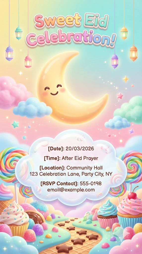 Crescent Moon Candy Wonderland Invitation cute sweet eid party invite usa