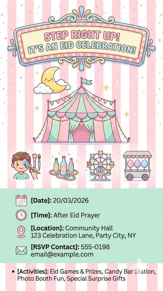 Eid Carnival Themed Kids Invitation printable fun fair playdate card