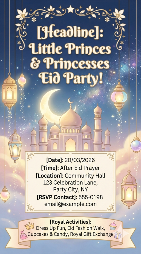 Princess Prince Eid Party Invitation royal islamic event invitation for kids