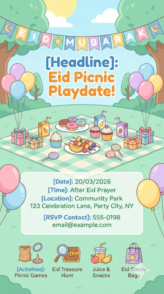 Outdoor Eid Picnic Playdate Card printable neighborhood eid gathering invite