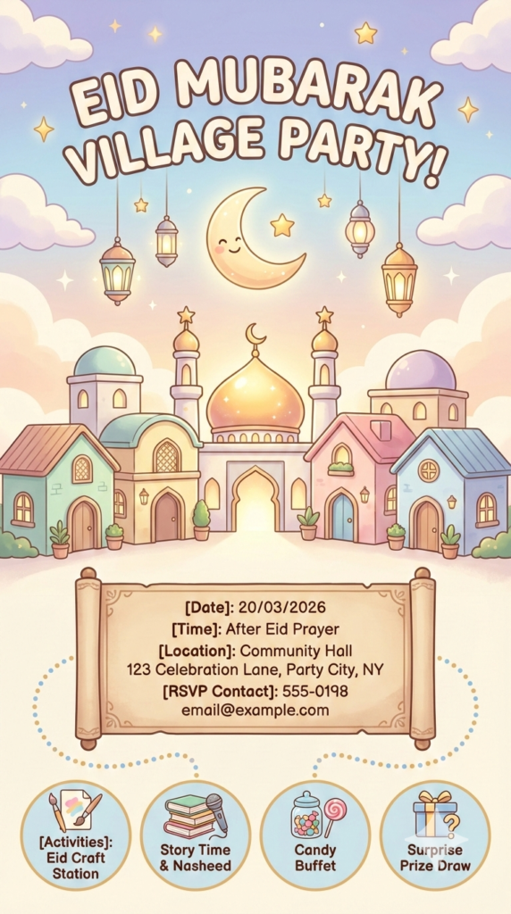 Islamic Cartoon Village Theme Invitation modern muslim family celebration usa