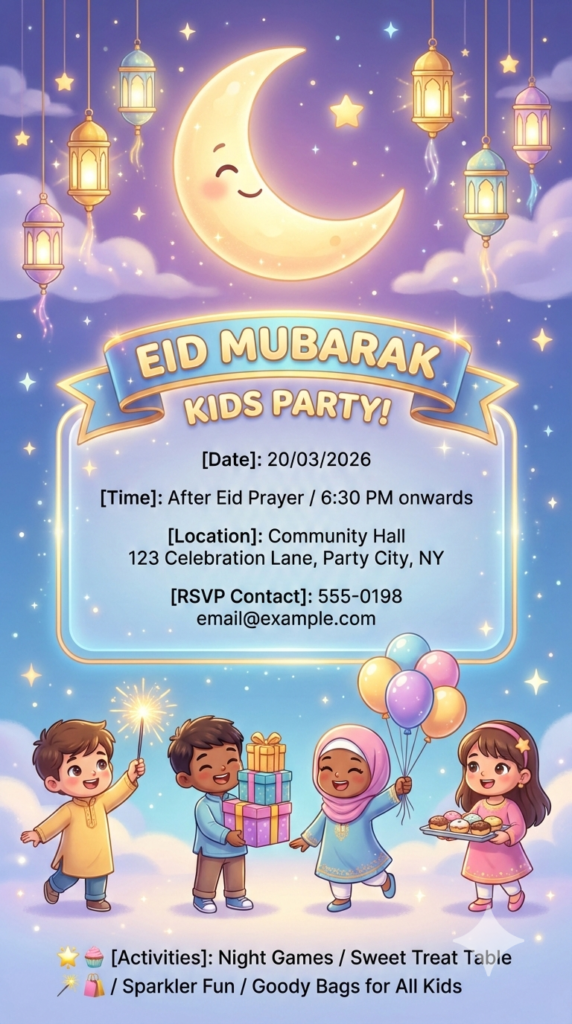 Animated Style Cartoon Eid Night Invitation starry magic kids eid party ideas