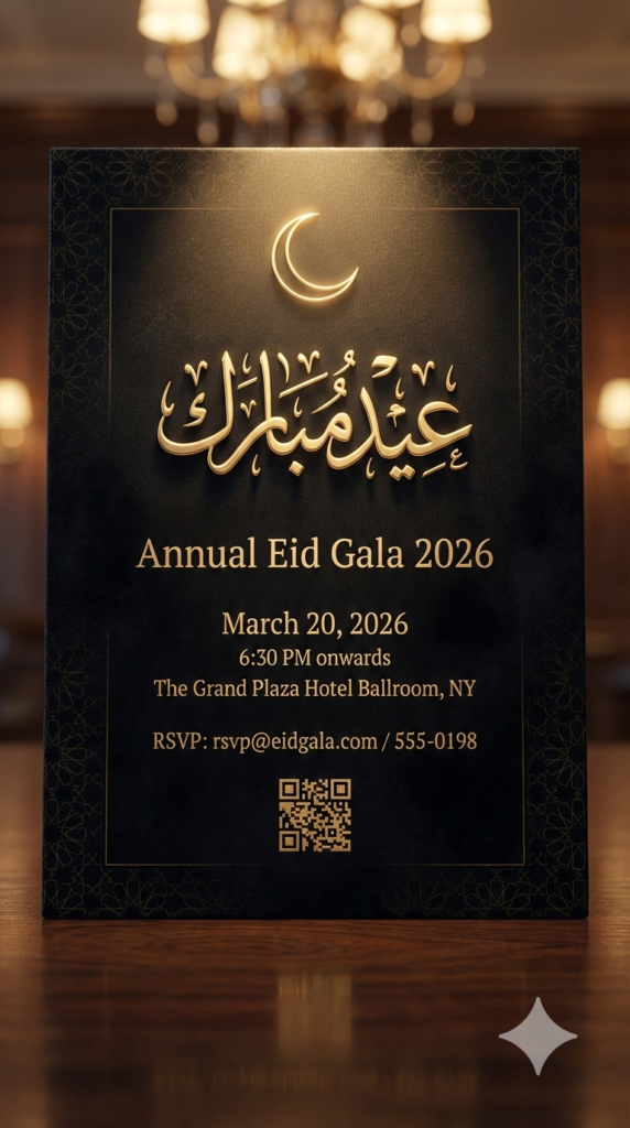 Black Gold Grand Ballroom Elegance Luxury Eid Gala Invitation AI Prompt