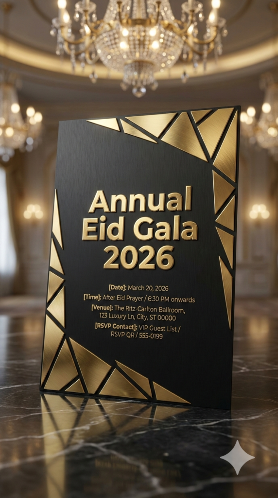 Ultra Modern Luxe Eid Celebration Invite Geometric Black Gold AI Template