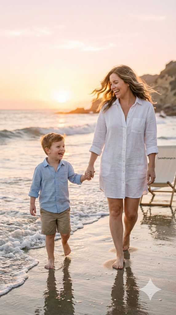 Beach Sunset Silhouette Glow Mother Son Photoshoot AI Prompt