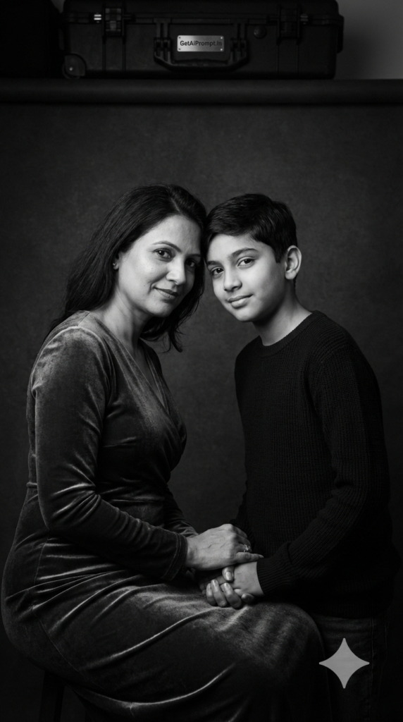 Timeless Black and White Luxury Embrace Mother Son Portrait AI Prompt