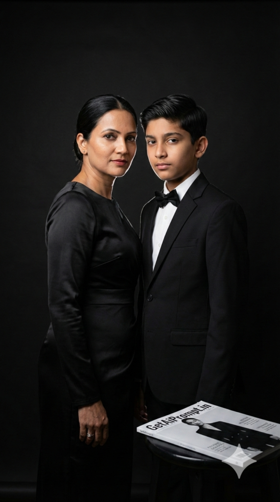 Luxury Editorial Black Suit Portrait Vogue Style Mother Son AI Prompt
