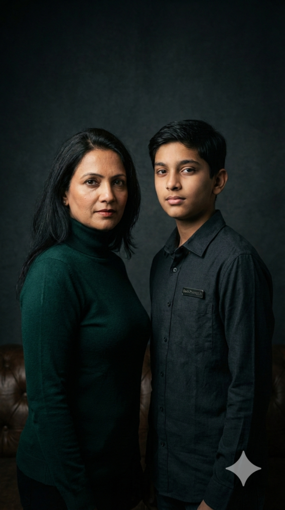 Cinematic Moody Side Lit Mother Teenage Son Photoshoot Dramatic Lighting AI Prompt