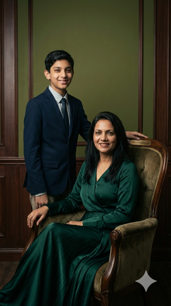 Luxury Seated Formal Portrait Mother Son Studio Photography Legacy Ideas AI Prompt
