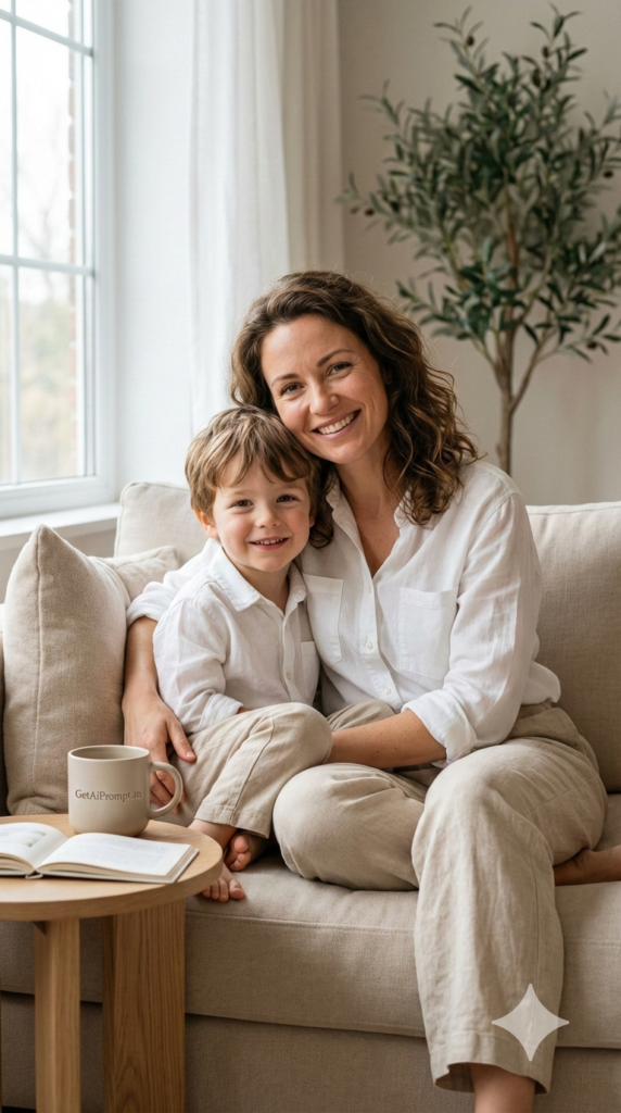 Soft White Coordinated Home Lifestyle Session Mother Son AI Prompt