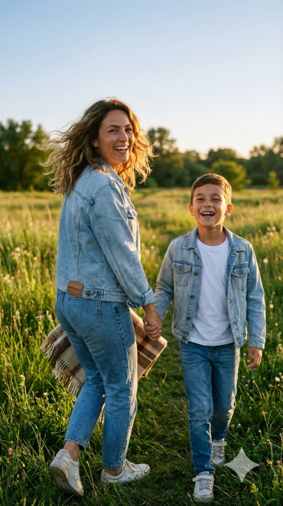 Matching Denim Outdoor Park Golden Hour Mother Son Shoot AI Prompt