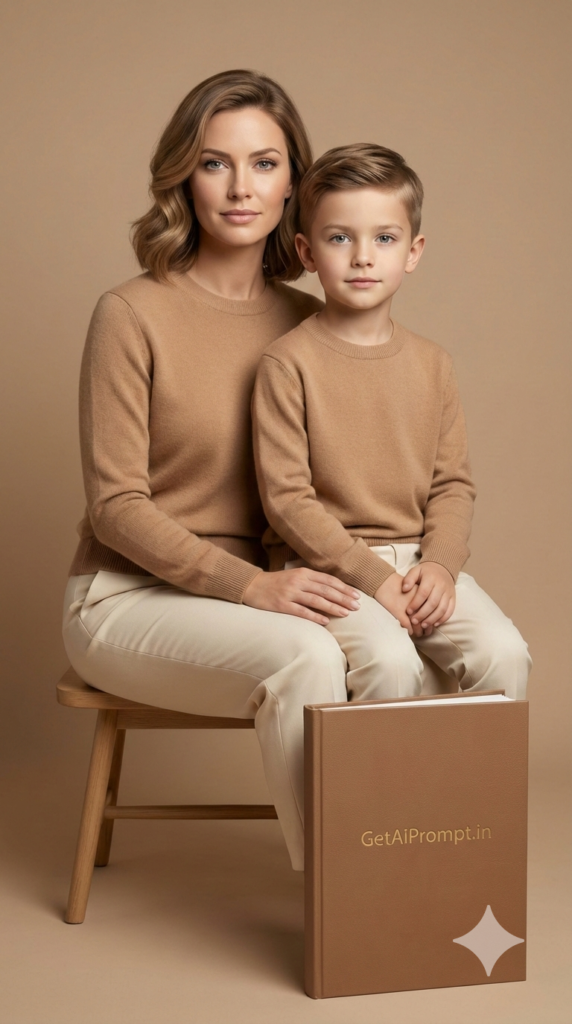 Coordinated Beige and Cream Minimal Studio Portrait Mom and Son AI Prompt