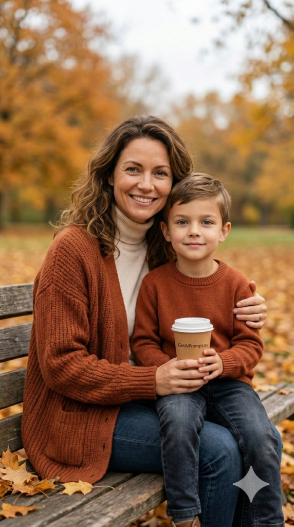 Coordinated Fall Outfit Outdoor Cozy Session Mother Son AI Prompt