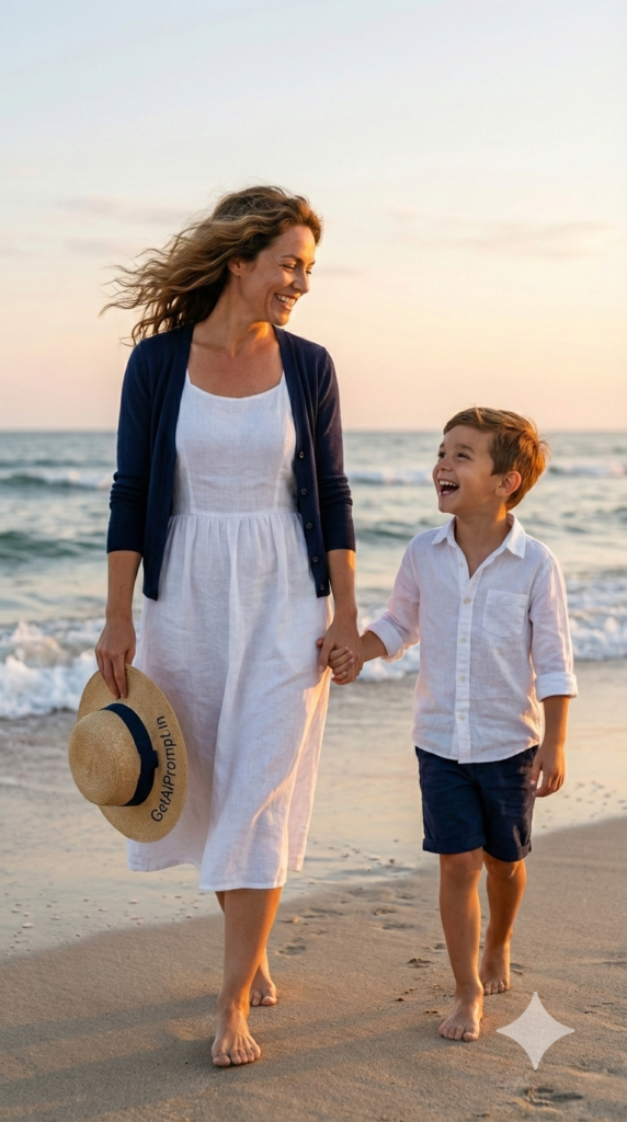 Navy and White Coastal Beach Matching Session Mother Son AI Prompt