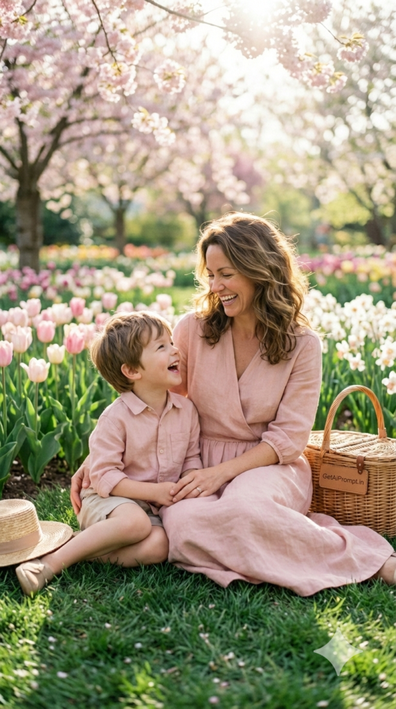 Pastel Spring Garden Coordinated Look Mother Son Photoshoot AI Prompt