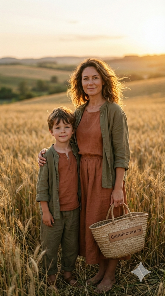 Neutral Earth Tone Rustic Field Session Mother Son AI Prompt