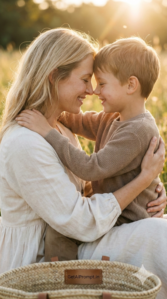 Golden Hour Tight Embrace Portrait Mother Son Photoshoot Ideas AI Prompt