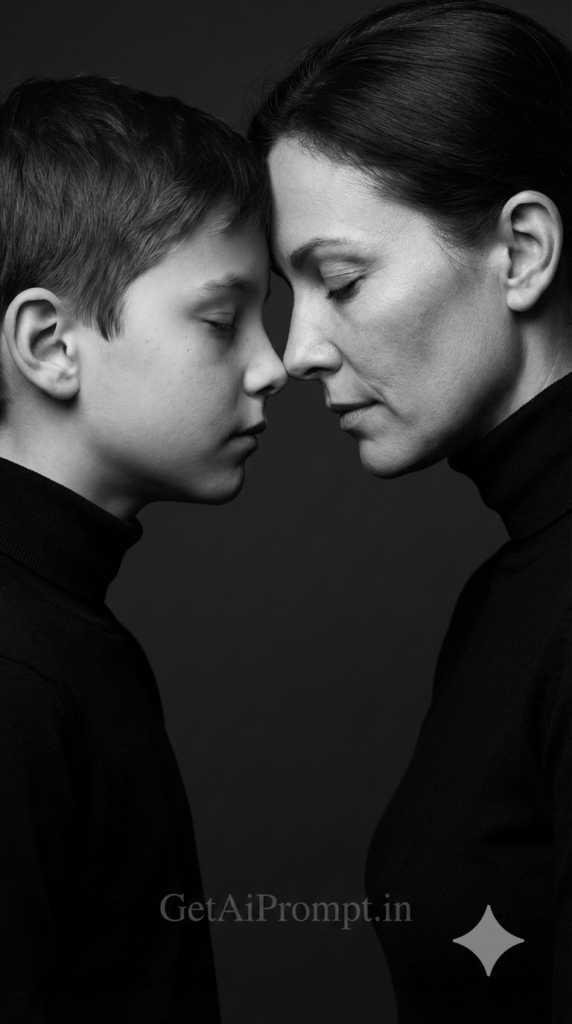 Black and White Studio Forehead Touch Mom and Son Portrait AI Prompt