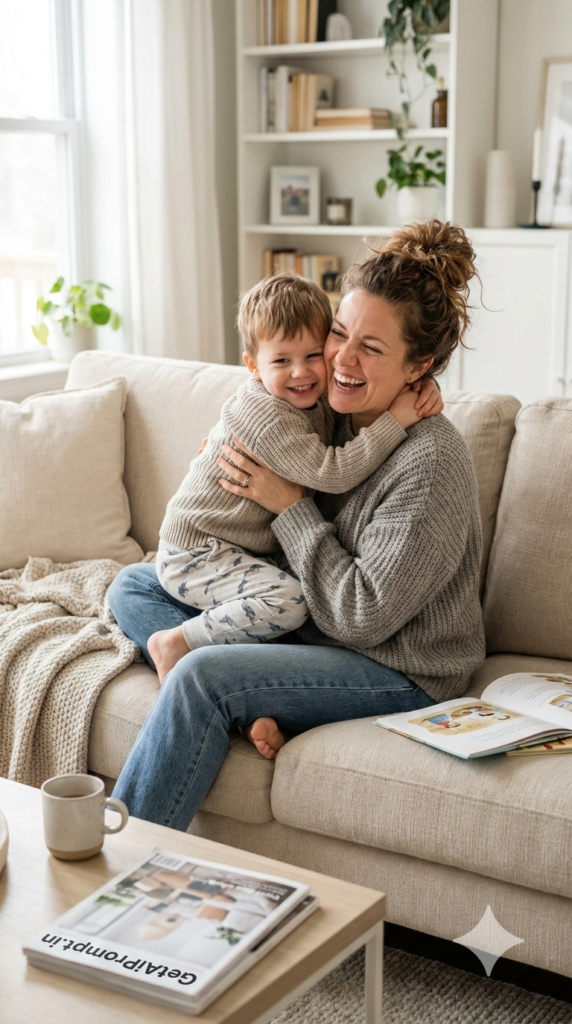 Cozy Indoor Home Hug Scene Mommy and Me Photoshoot AI Prompt