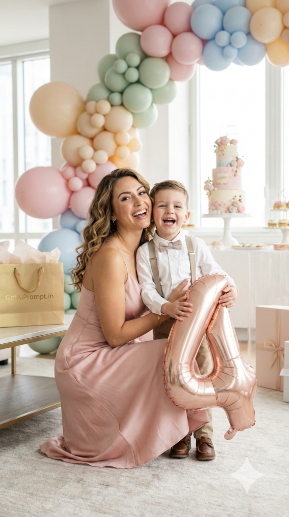 Luxury Balloon Birthday Celebration Portrait Mother Son AI Prompt